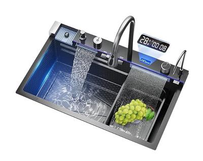 Chiuveta multifunctionala de bucatarie negru grafit cu 2 cascade robinet cascada afisaj digital temperatura 750x450