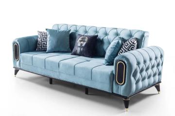 Canapea extensibila 3 locuri 225x89x90 cm – stofa albastra, detalii aurii – Salsa