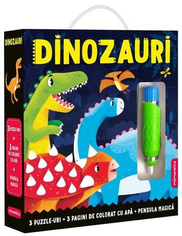 Joc educativ - 3 puzzle-uri + 3 pagini de colorat cu apă + pensula magică - Dinozauri