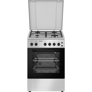 Aragaz pe gaz Heinner HFSC-S50LITGSL, 4 arzatoare, Geam dublu detasabil, Timer, Argintiu