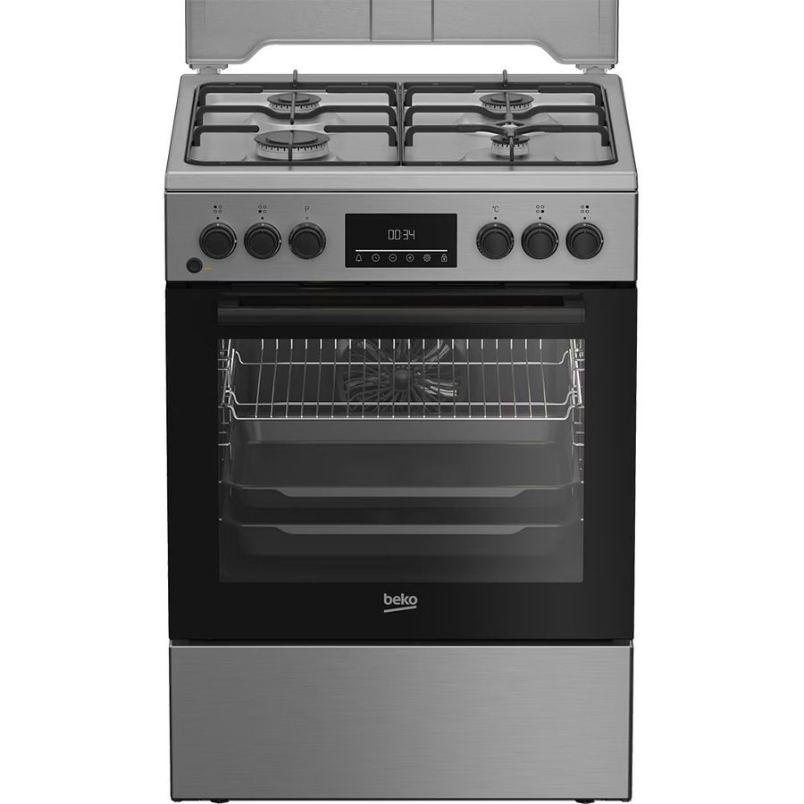 Aragaz mixt Beko FBSM62320TXD, 4 arzatoare, Iluminare cuptor, Aprindere electrica, 72 l, SteamShine Cleaning, Argintiu, Clasa A